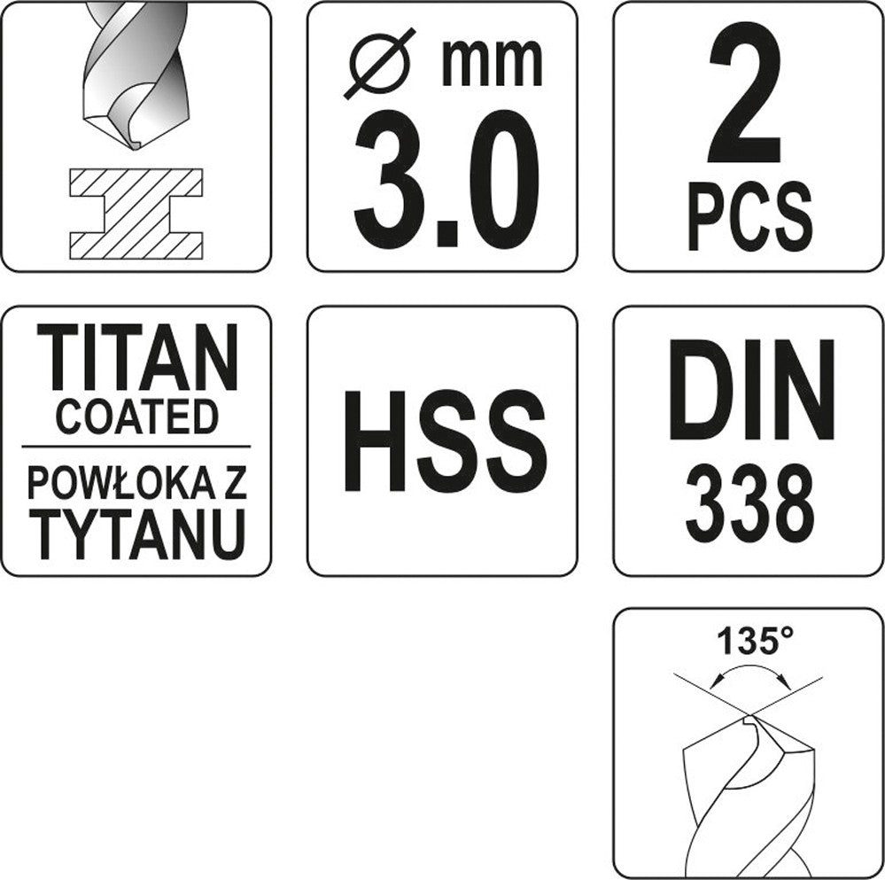 Сверло по металлу HSS-TIN 3.0 mm, 2 шт.