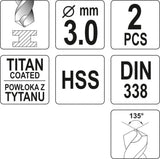Сверло по металлу HSS-TIN 3.0 mm, 2 шт.