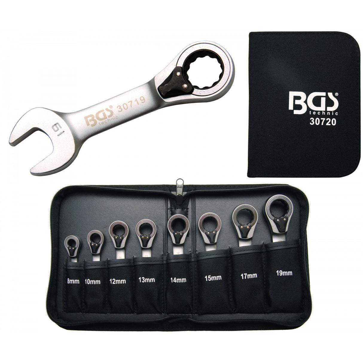 Terkšlinių trumpų raktų rinkinys | reversiniai | 8 - 19 mm | 8 vnt. (30720)