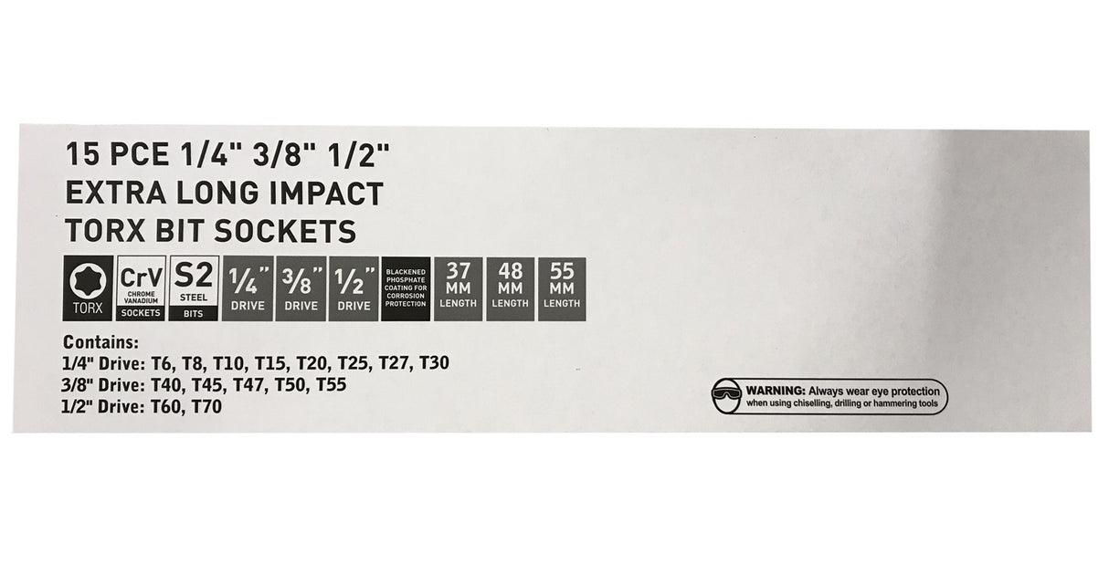Smūginiai antgaliai | 6.3 mm (1/4") / 10 mm (3/8") / 12,5 mm (1/2") | T-Star (Torx) T6 - T70 | 15 vnt. (S1115)