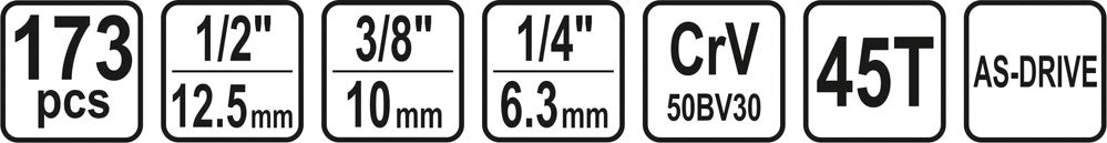 Įrankių rinkinys | 6.3 mm (1/4") / 10 mm (3/8") / 12,5 mm (1/2") | 173 vnt. (58688)