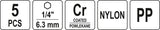 Šepečių rinkinys su Hex 6.3 mm (1/4") galu | Nailonas | 5 vnt. (YT-47777)