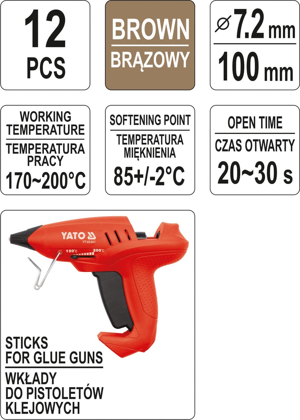 Karštų klijų lazdelės | rudos | 7,2X100 mm | 12 vnt. (YT-82447)