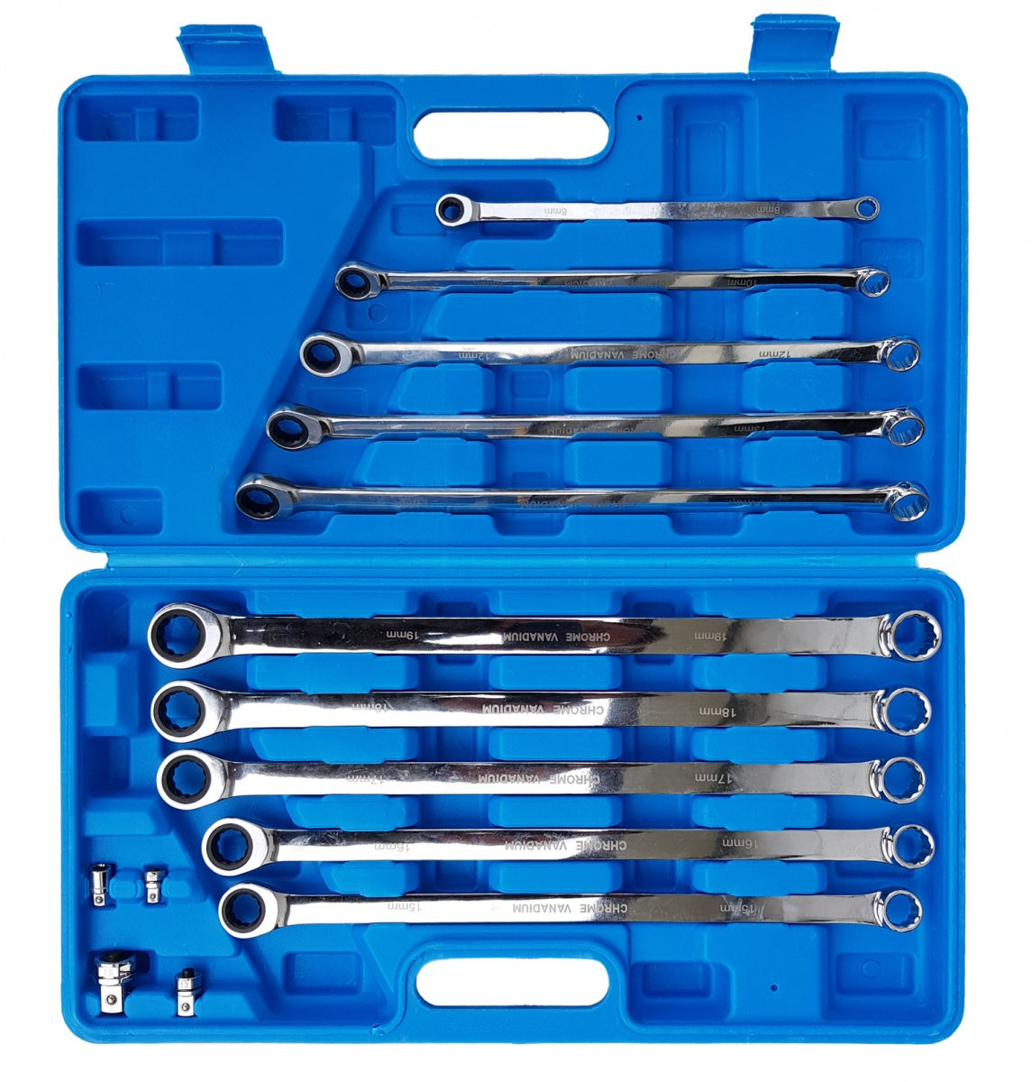 Terkšlinių dvipusių raktų rinkinys | su adapteriais | ilgas tipas | 8 - 19 mm | 14 vnt. (SK5004)