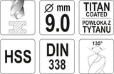 Grąžtas metalui HSS-TIN 9.0 mm (YT-44660)