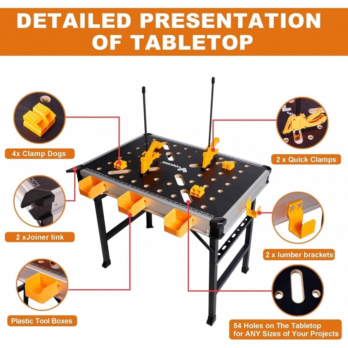 Nešiojamas darbo stalas su dėžutėmis, jungtimis ir F tipo spaustuvais (WB33C)