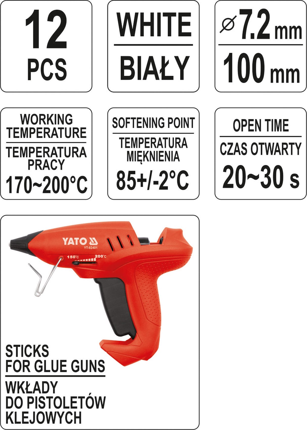 Karštų klijų lazdelės | baltos | 7,2X100 mm | 12 vnt. (YT-82446)