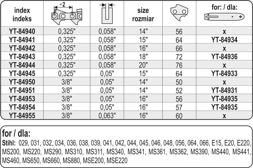Grandinė pjūklui 16" 3/8" 0,063" 60 dantys (YT-84955)
