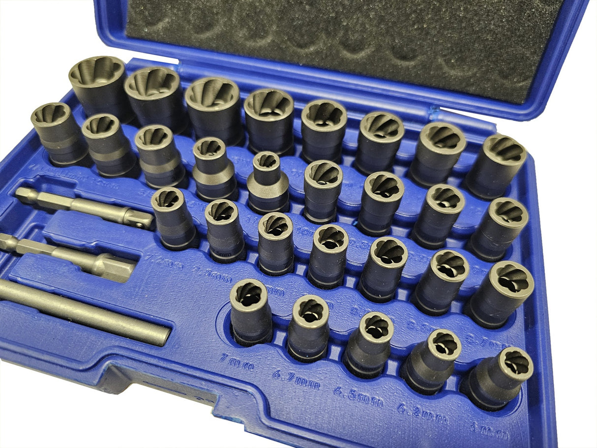 Specialus galvučių rinkinys / sraigtiniai ištraukikliai | 6.3 mm (1/4") / 10 mm (3/8") | 32 vnt. (SK201619)