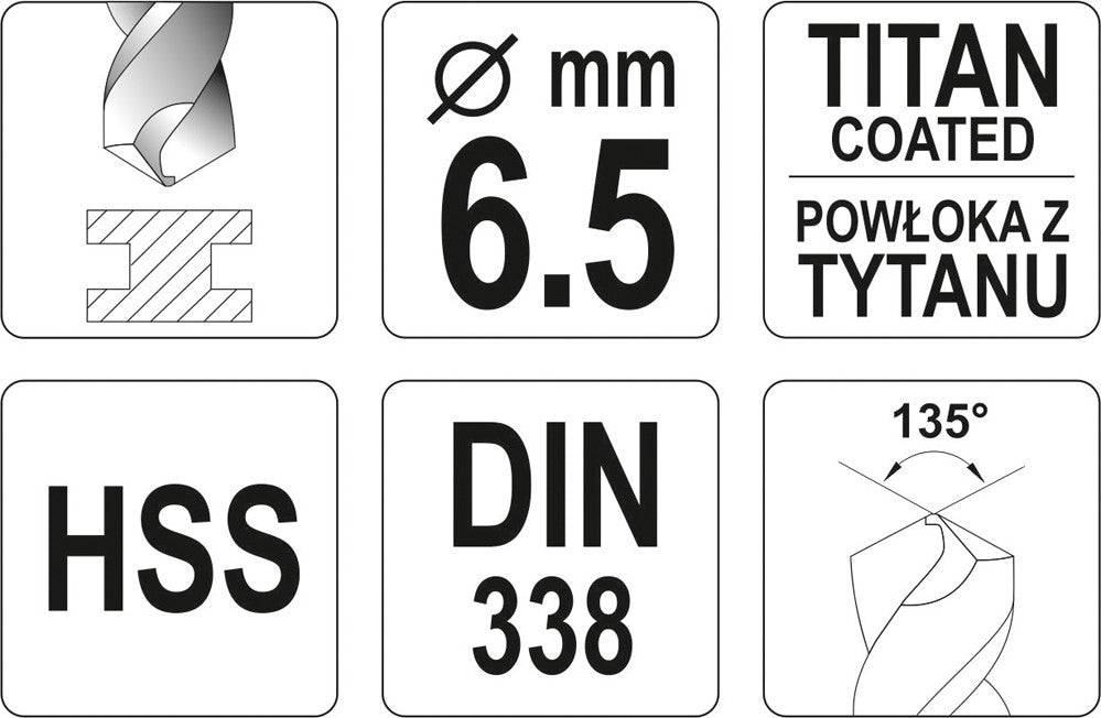 Grąžtas metalui HSS-TIN 6.5 mm (YT-44655)