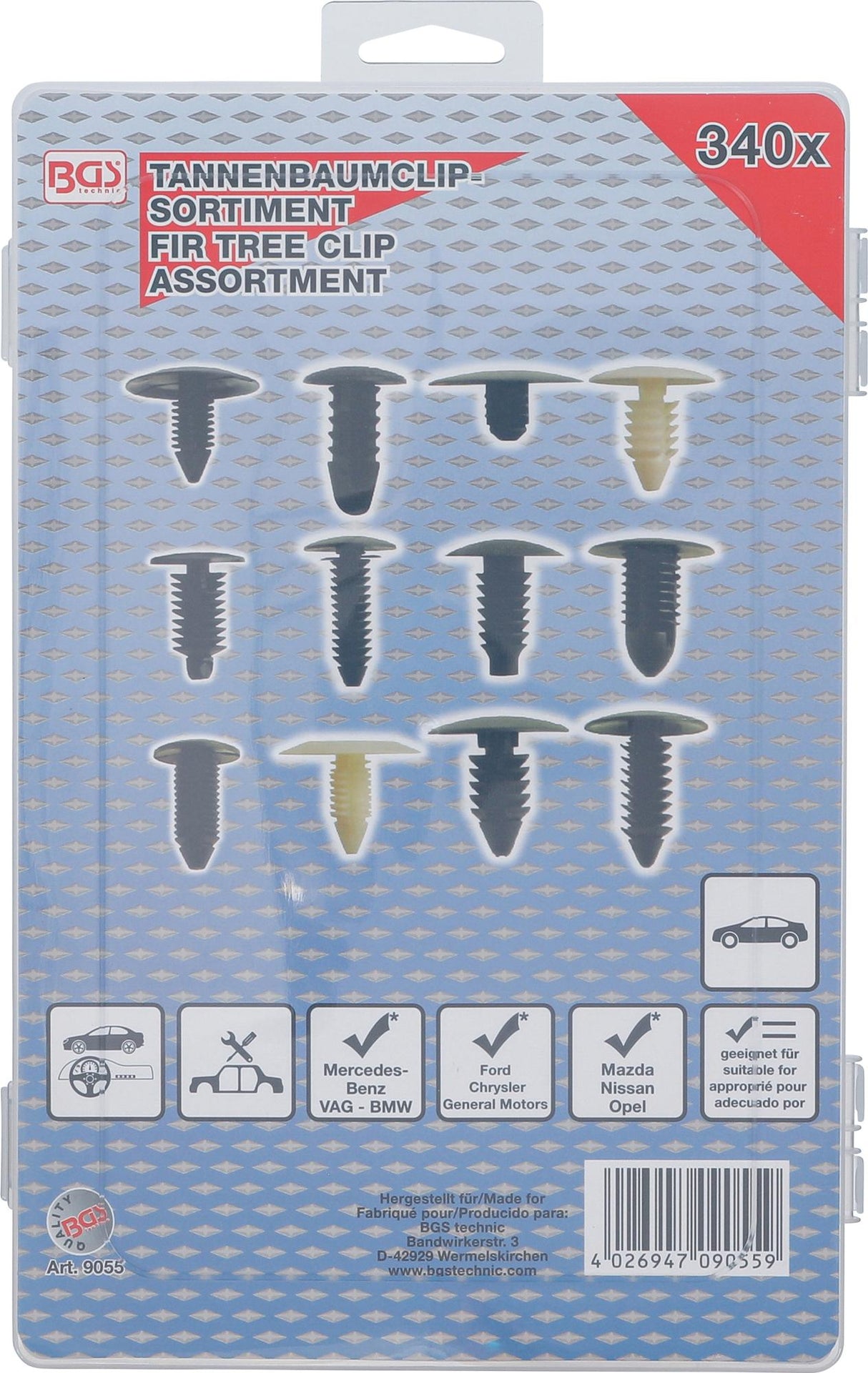 Eglutės tipo klipsų asortmentas GM, VW, Chrysler, BMW, Nissan Ford | 340 vnt. (9055)