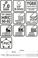 Grąžtas universalus su Hex 6.3 mm (1/4") galu | 7.0 mm (21688)