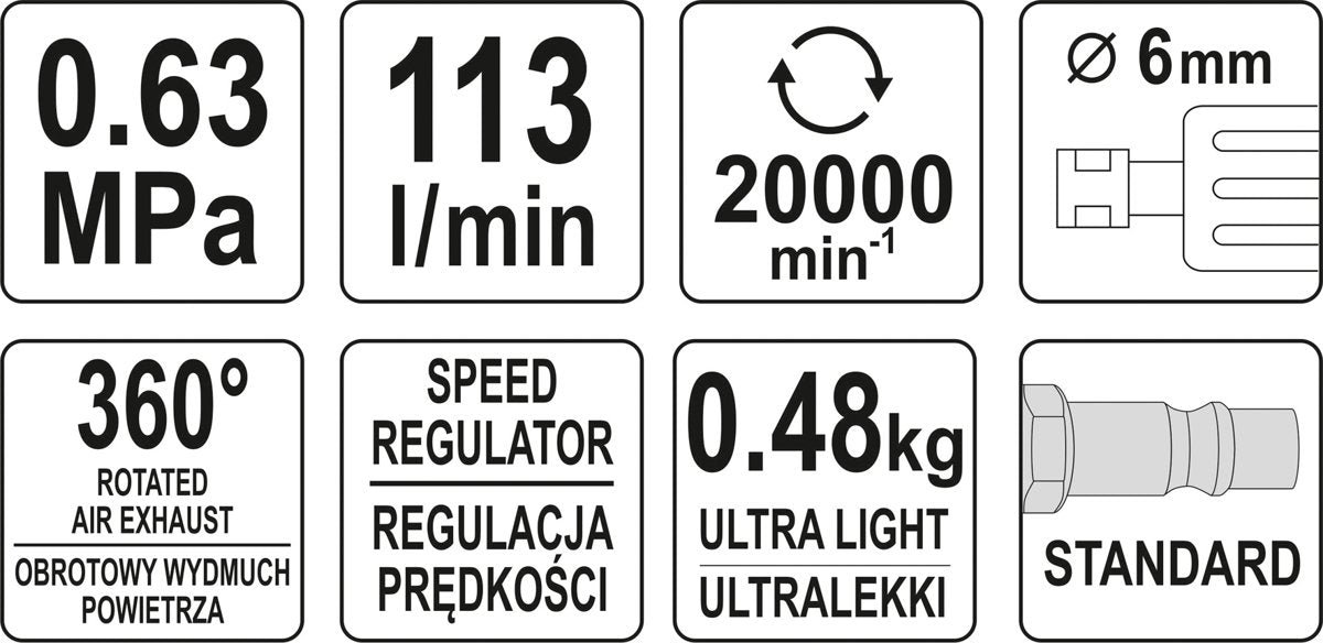 Pneumatinis šlifuoklis kampinis | 6 mm (YT-09676)