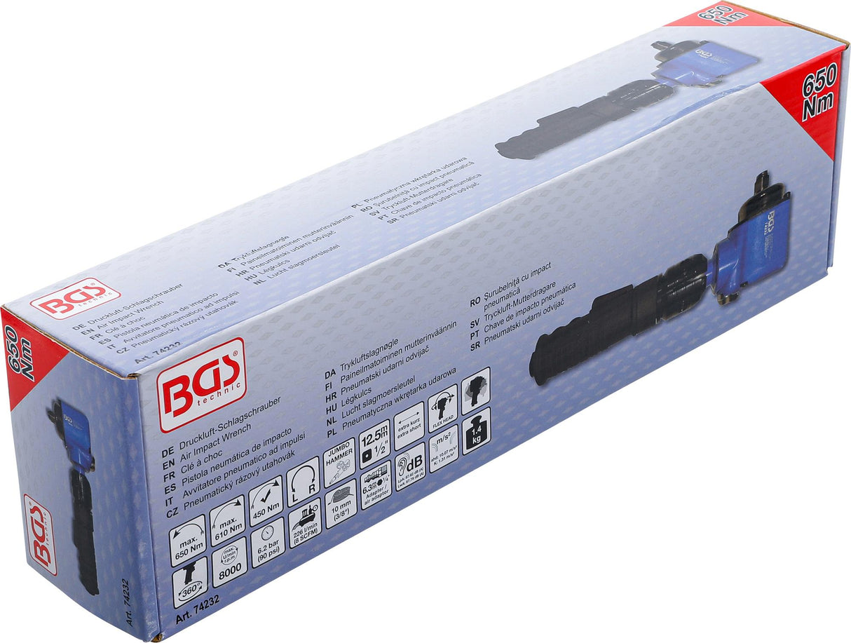 Pneumatinis smūginis veržliasukis | 12,5 mm (1/2") | kampinis | su pasukama ir pakreipiama galvute | 650 Nm (74232)