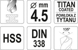 Grąžtas metalui HSS-TIN 4.5 mm (YT-44643)
