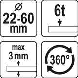 Hidraulinis skylių darymo įrankis | 22-60 mm | 360 laipsn. (YT-18900)