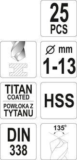 Grąžtų rinkinys | HSS-Titan | 1 - 13 mm | 25 vnt. (YT-44676)
