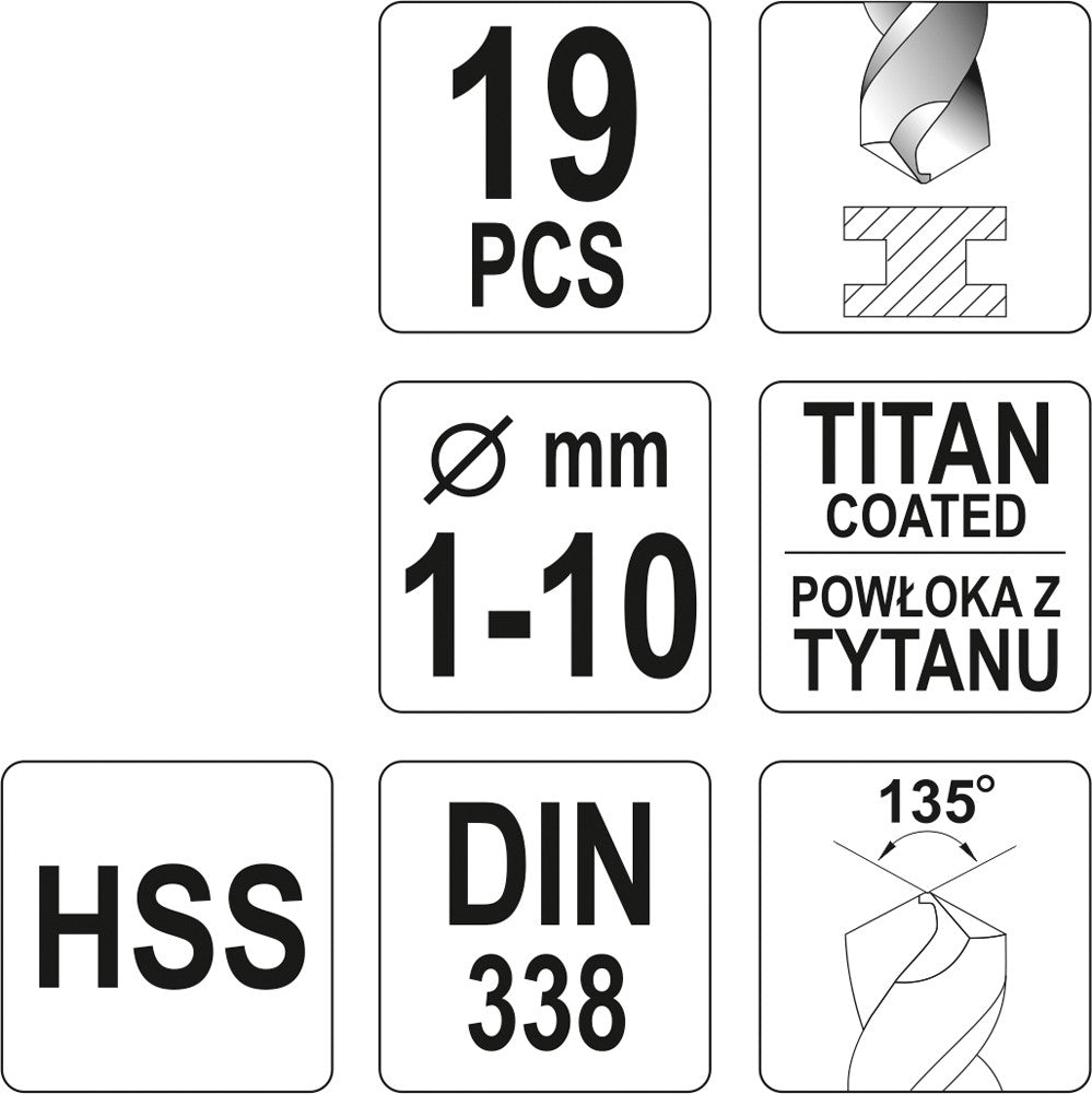 Grąžtų rinkinys | HSS-Titan | 1 - 10 mm | 19 vnt. (YT-44675)