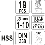 Grąžtų rinkinys | HSS-Titan | 1 - 10 mm | 19 vnt. (YT-44675)