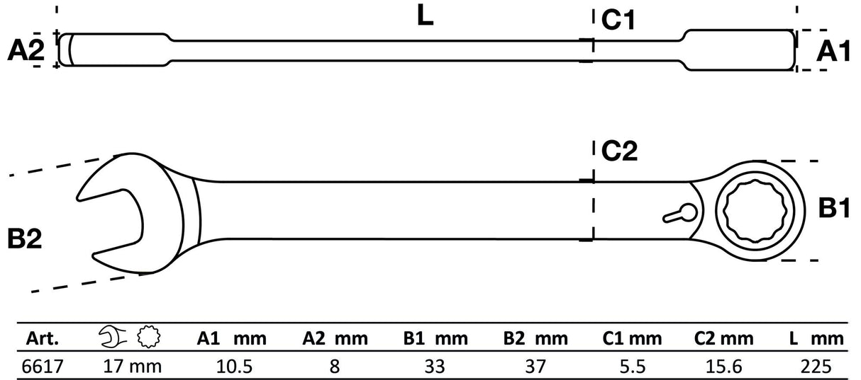 Kombinuotas raktas su terkšle | su reversu | 17 mm (6617)
