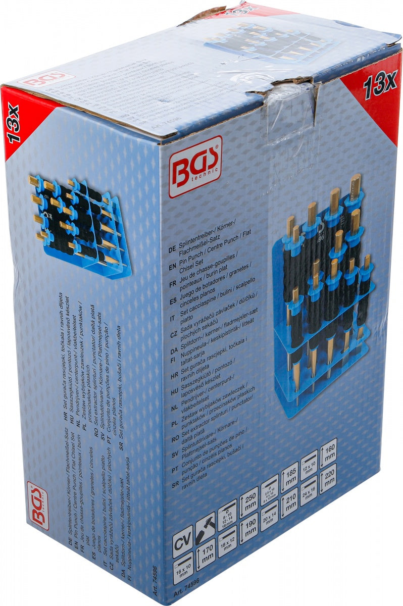 Išmušėjų ir kaltų rinkinys | su apsauga rankoms | 13 vnt (74596)