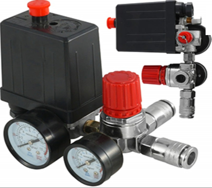 Reguliatorius kompresoriui su slėgio jungikliu ir manometrais | 230V (SK10677)