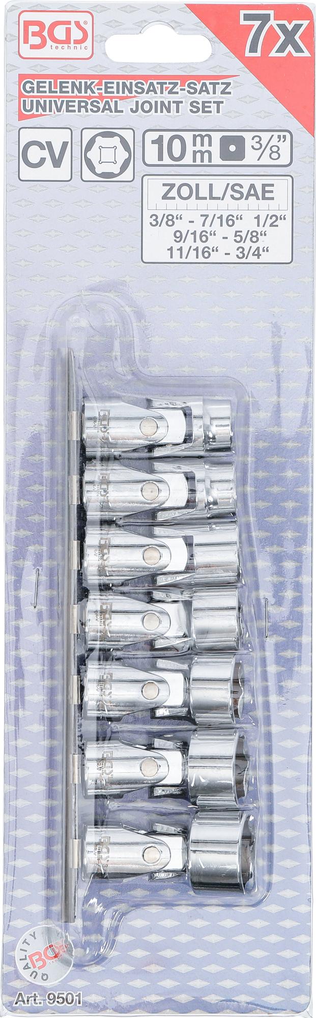 Šarnyrinių galvučių rinkinys | šarnyrinės | 10 mm (3/8") | 3/8" - 3/4" coliniai dydžiai | 7 vnt. (9501)