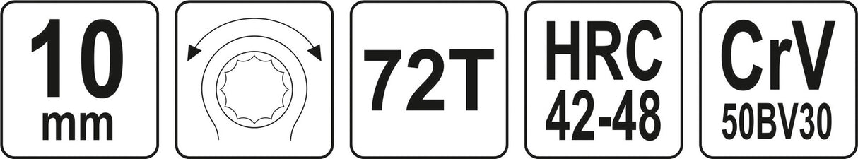 Raktas kilpinis lenktas su terkšle | reversinis | 10 mm (YT-02372)