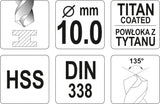 Grąžtas metalui HSS-TIN 10.0 mm (YT-44662)