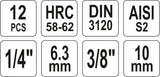 Įpresuotų antgalių rinkinys 1/4"+3/8", 12 vnt T-Star su skylėmis T8-T55 (YT-04332)