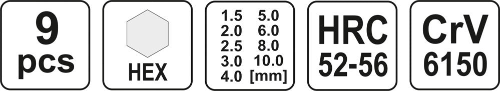 L tipo raktų rinkinys | vidutinis ilgis | hex šešiakampis 1,5 - 10 mm | 9 vnt (YT-0500)