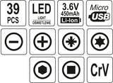 Antgalių rinkinys | su akumuliatoriniu atsuktuvu | Lithium-ion / 3,6V | 39 vnt. (YT-27930)