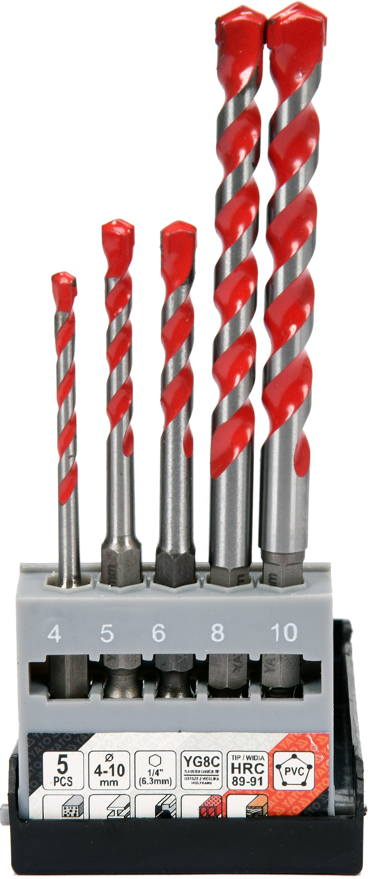 Grąžtų rinkinys su Hex 6.3 mm (1/4") galu | universalūs | 4 - 10 mm | 5 vnt. (YT-44789)