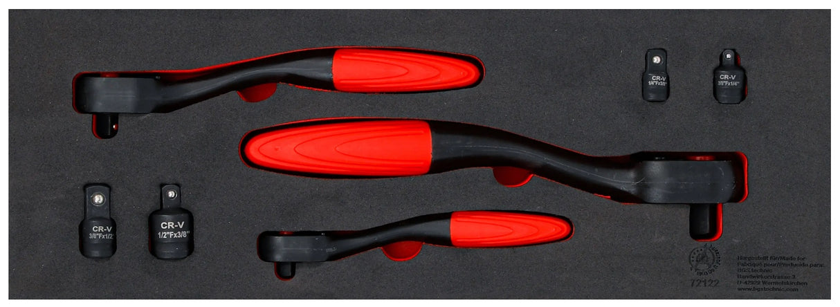Reversinių terkšlių rinkinys su adapteriais | 6.3 mm (1/4") - 10 mm (3/8") - 12.5 mm (1/2") | 7 vnt (72122)