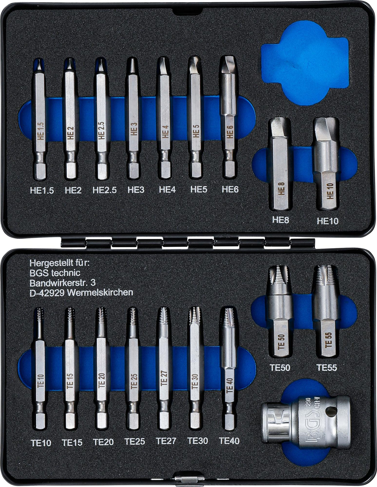 Varžtų ištraukimo rinkinys | vidinis šešiakampis (Hex) 1,5–10 mm / T-Star (Torx) | T10 - T55 | 19 vnt. (9173)