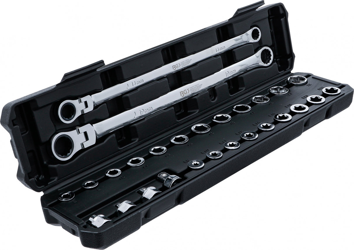 Dvigubo žiedo ir lanksčios galvutės terkšlinių veržliarakčių rinkinys | ilgi | 27 vnt. (74274)