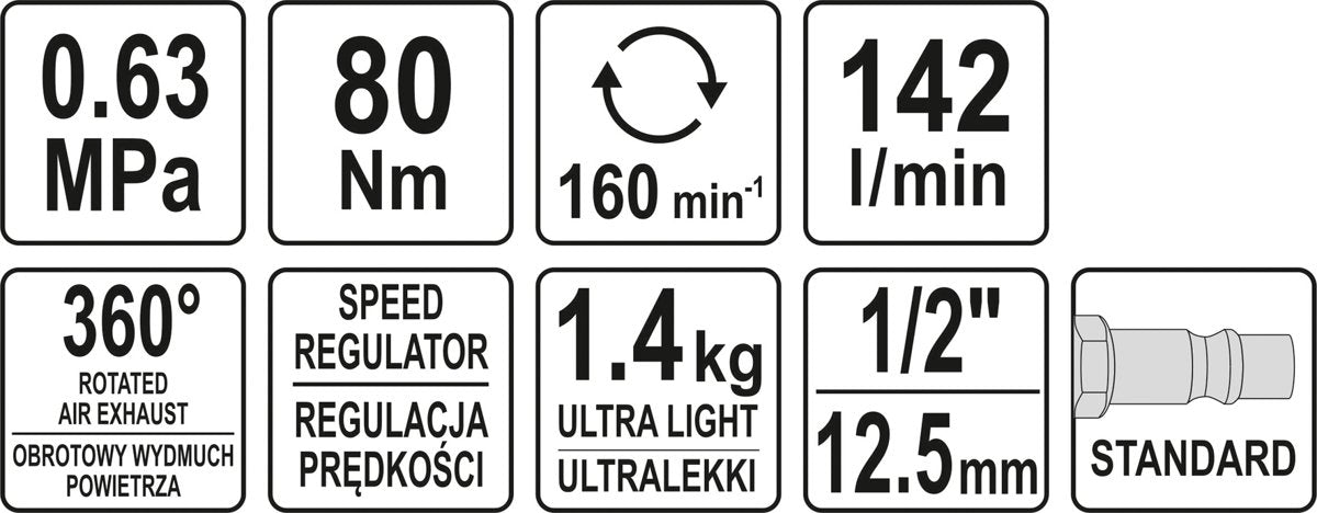 Pneumatinė rankena galvutėms | 12,5 mm (1/2") | 80 Nm (YT-09803)