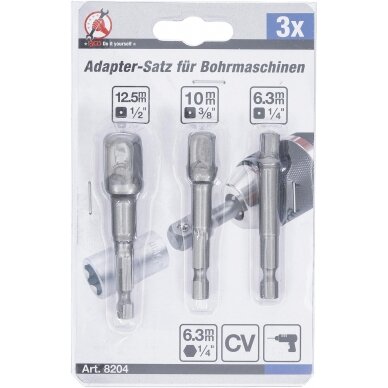 Adapterių komplektas | 6.3 mm (1/4") antgalis | 6.3 mm (1/4") / 10 mm (3/8") / 12,5 mm (1/2") | 3 vnt. (8204) 1