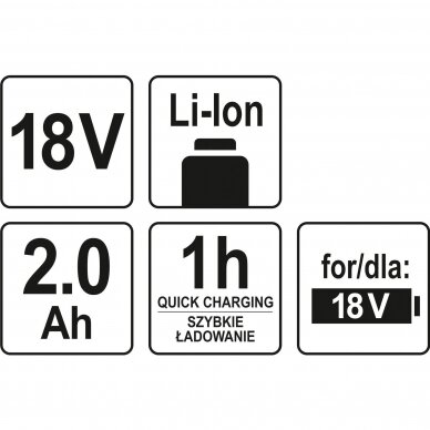 Akumuliatorius YATO YT-828461 | Li-ion | 18V | 2 Ah | 36 Wh | CE 2