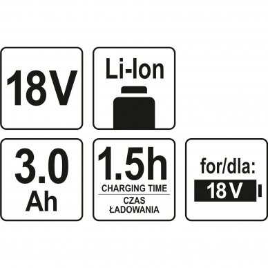 Akumuliatorius YATO YT-828462 | Li-ion | 18V | 3 Ah | 54 Wh | CE 2