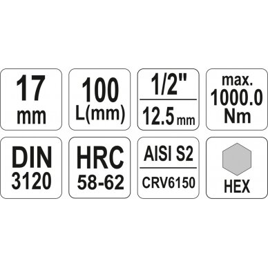 Antgalis įpresuotas į galvutę 1/2" hex 17 mm X 100 mm (YT-04398) 3