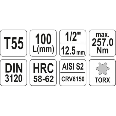 Antgalis įpresuotas į galvutę 1/2", S2, 100 mm, T55 (YT-04327) 3