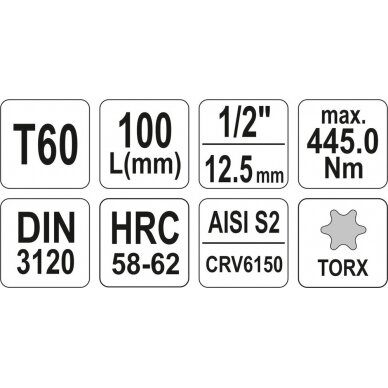 Antgalis įpresuotas į galvutę 1/2", S2, 100 mm, T60 (YT-04328) 3