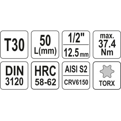 Antgalis įpresuotas į galvutę 1/2", T30 x 55 mm (YT-04313) 3