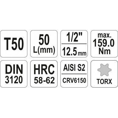 Antgalis įpresuotas į galvutę 1/2", T50 x 55 mm (YT-04316) 3