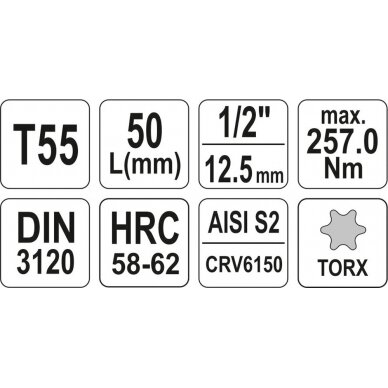 Antgalis įpresuotas į galvutę 1/2", T55 x 55 mm (YT-04317) 3