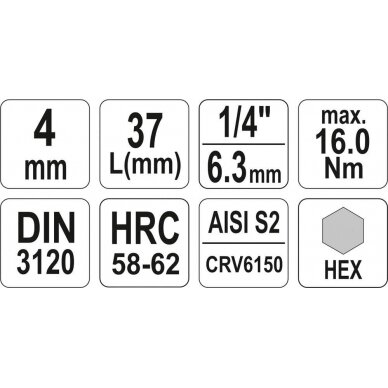 Antgalis įpresuotas į galvutę | 6,3 mm (1/4") | hex šešiakampis 4 mm (YT-04371) 3