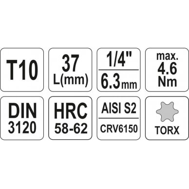 Antgalis įpresuotas į galvutę | 6.3 mm (1/4") | T-Star (Torx) T10 (YT-04302) 3