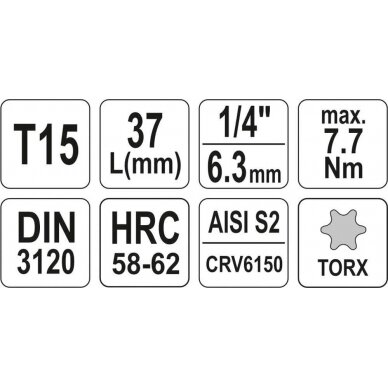 Antgalis įpresuotas į galvutę | 6.3 mm (1/4") | T-Star (Torx) T15 (YT-04303) 3