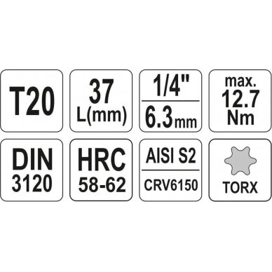 Antgalis įpresuotas į galvutę | 6.3 mm (1/4") | T-Star (Torx) T20 (YT-04304) 3